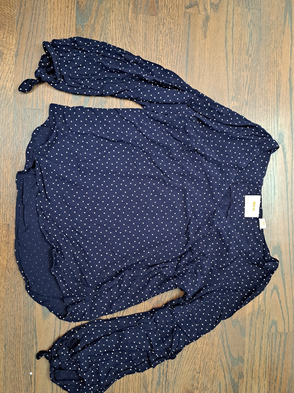 Anthropologie Navy and White Polka Dot Tie-Sleeve Blouse